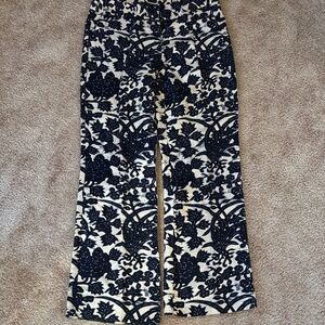 LOFT Black and Cream Wide Leg Pants with Floral Lace Pattern